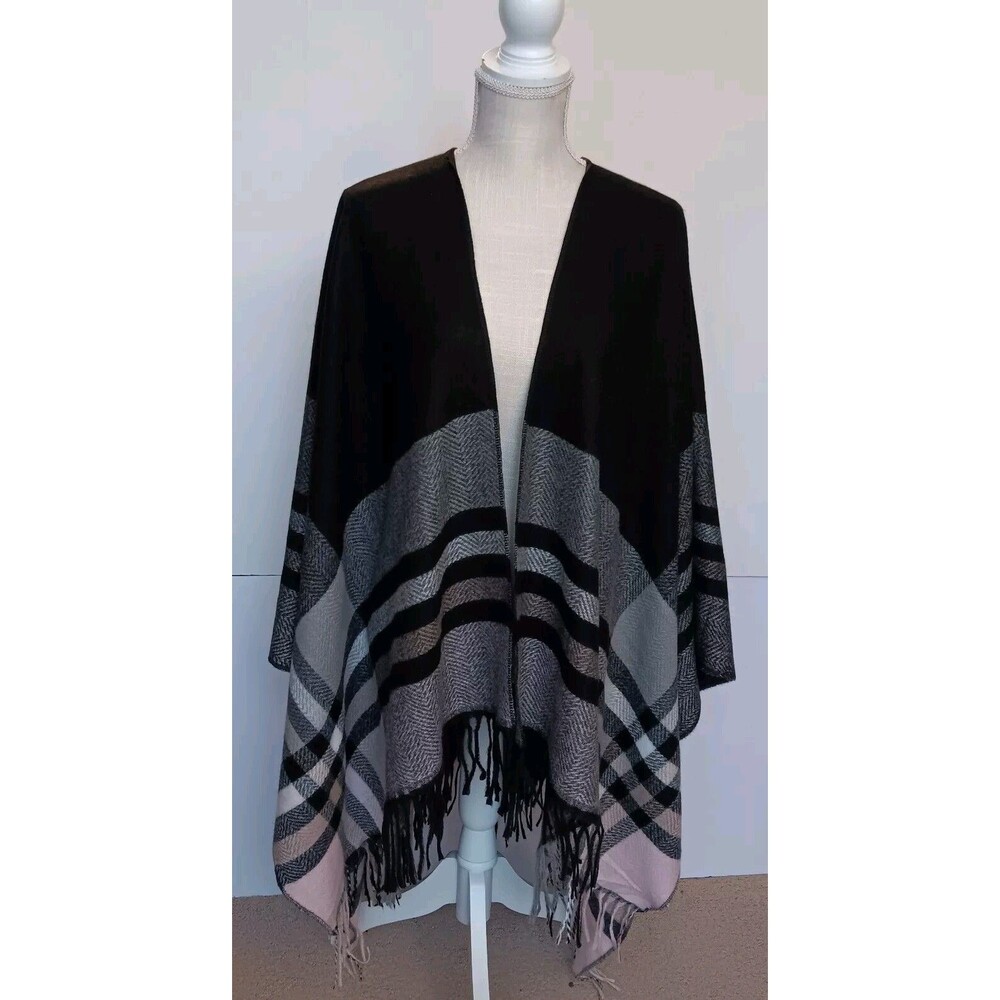 Unbranded Black Gray Pink Plaid Classic Soft Warm Fringed Shawl Wrap